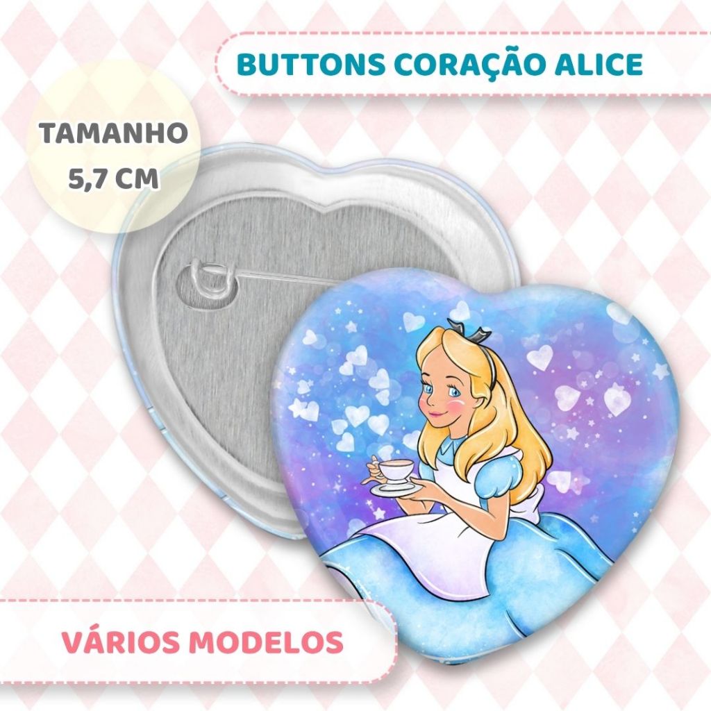 Botton Coração Alice no País das Maravilhas Alfinete Broche 57mm  Colecionável Retrô Vintage