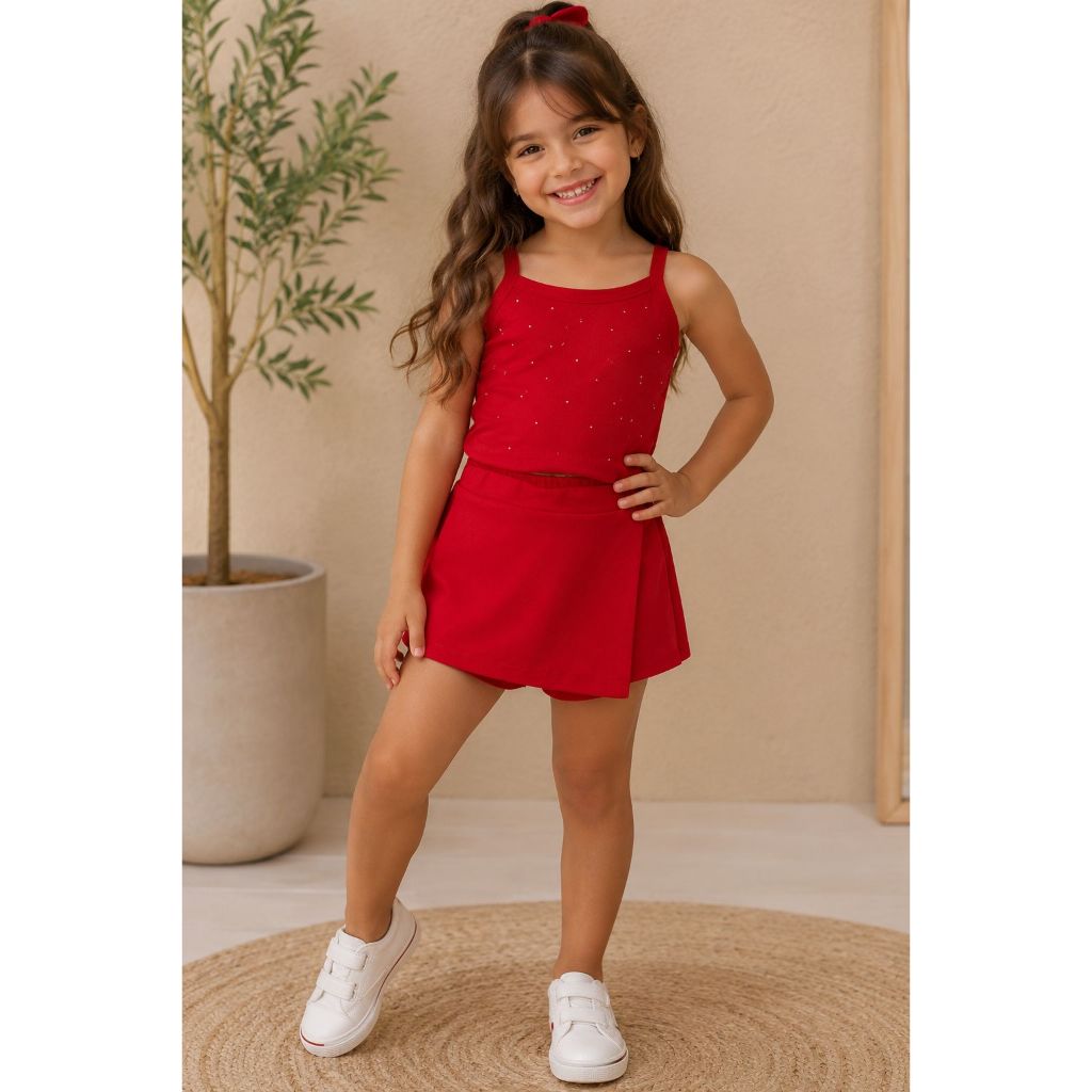 Conjunto Infantil Rovi Kids Feminino Vermelho Regata com Strass e Short Saia Casual Fashion Menina