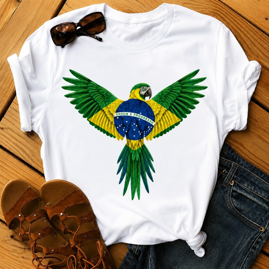 Camiseta Feminina Blusa Brasil Eleição Patriota Estampa Arara T-shirt Ano Novo Copa 2026 100% Algodão Camisa Malha Macia