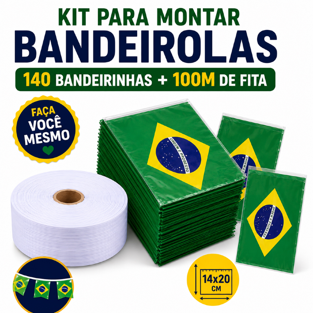 Bandeirinha do Brasil 100 Metros Copa do Mundo Bandeiras Plástico Varal Kit Monte suas Bandeirolas
