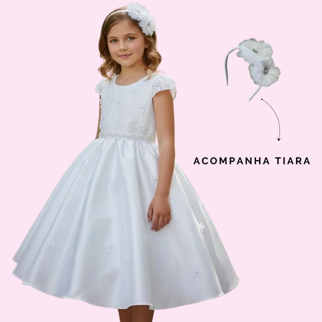 Vestido Bebê e Infantil Branco para Batizado Daminha Festas Luxo Vestido de Festa Infantil para Princesas + Laço