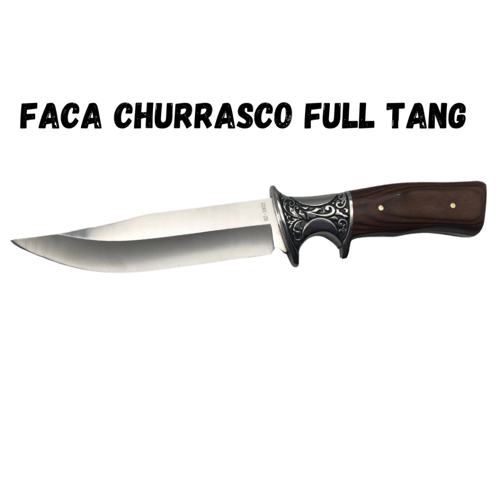 Faca Churrasco Caça e Pesca Cabo Artesanal em Madeira, Full Tang Aço Inox - 1032