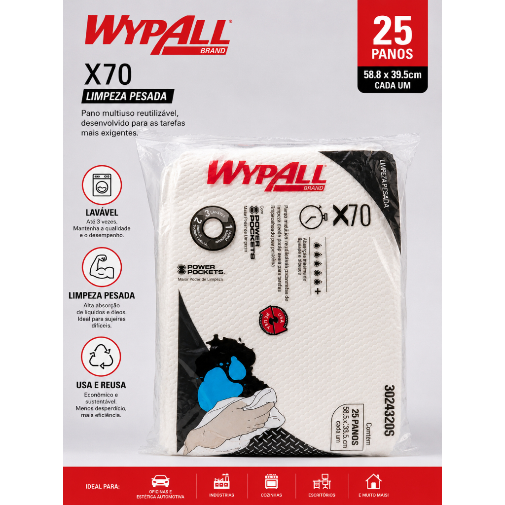 Pano Multiuso Wypall X70 Industrial Reutilizável Alta Absorção Limpeza Pesada 25 Panos Extra Grande