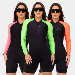 Macaquinho Ciclismo Feminino Macacão Manga Longa Forro Espuma Acolchoado Roupa Bike Pedal Mtb