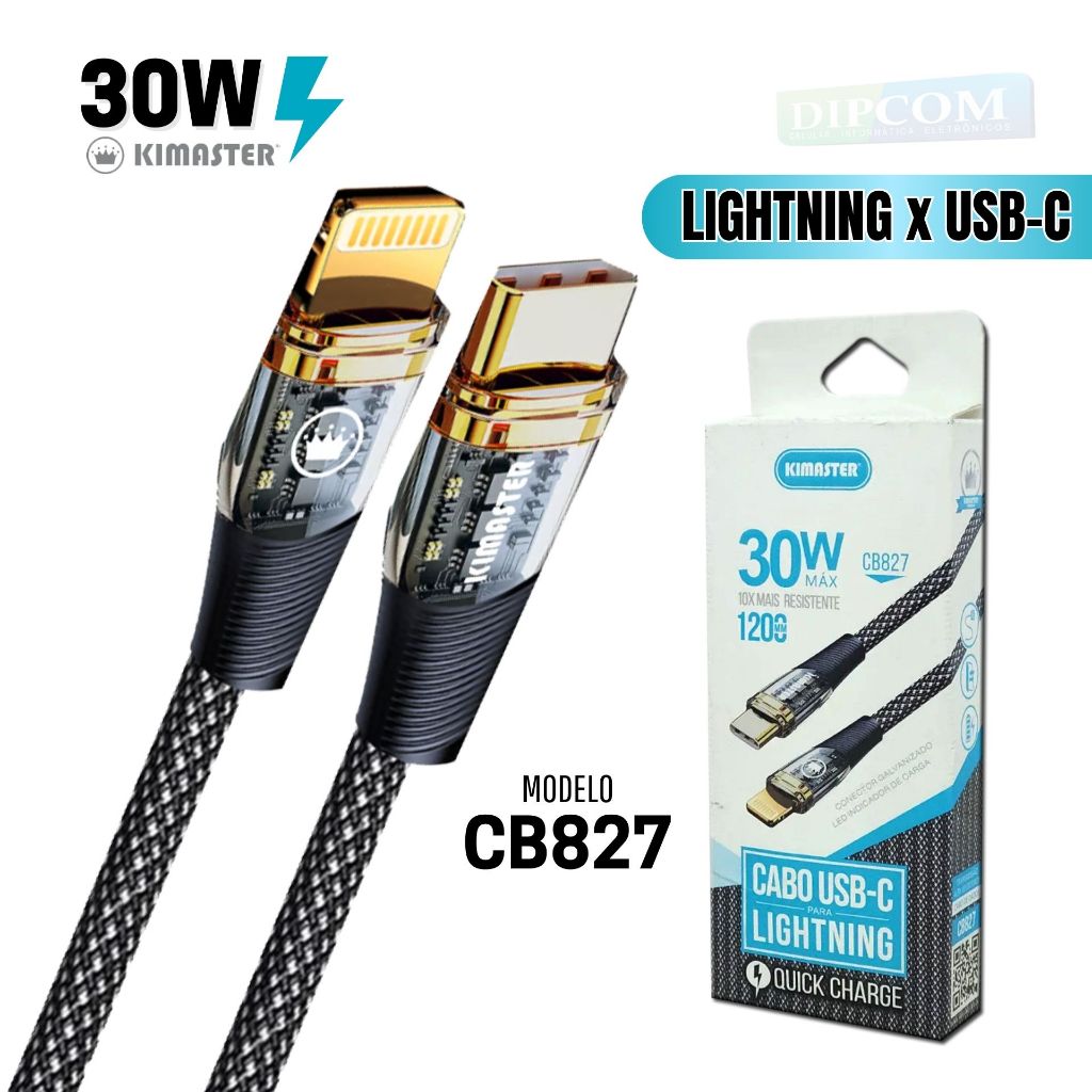 Cabo Lightning x Usb-C Turbo 30W Quick Charge Rápido Reforçado Original Kimaster CB827