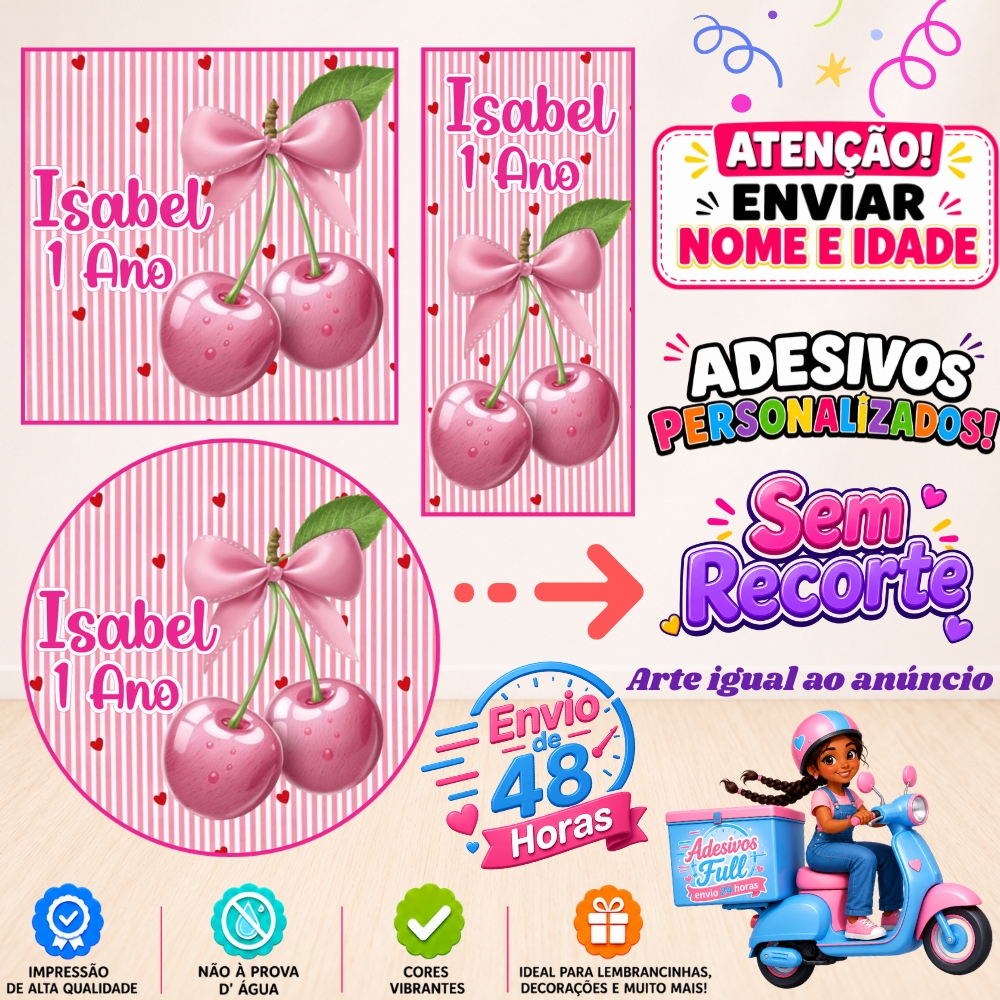 Cerejinha Rosa - 100/60/40 Adesivos Personalizados Lembrancinhas Festa Aniversário
