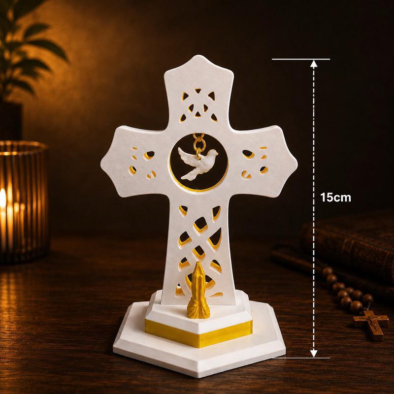 Cruz do Divino Suspenso Decorativa 15cm | Espírito Santo com Pomba Móvel | Decoração Religiosa Católica