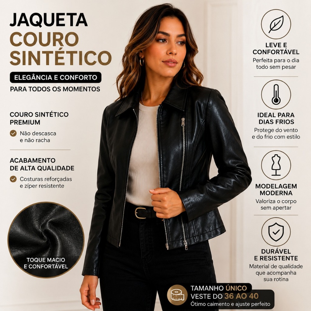 Jaqueta Feminina Couro Sintético Courino Preta Com Zíper Moda Inverno Elegante Tamanho Único