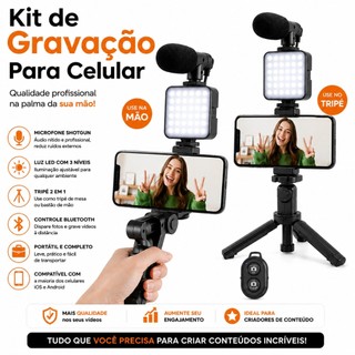 Kit Gravação Celular Vlog Completo Microfone Luz LED Tripé YouTube TikTok Live