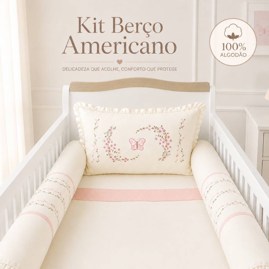 Kit Berço Americano Menina Flores Bordadas Linho Algodão Macio Antialérgico com Lençol de Elástico
