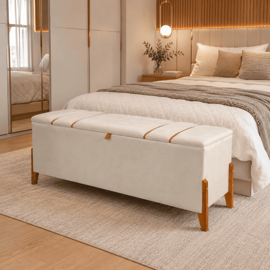 Recamier Baú Retro Pés Madeira Casal Roma 150cm Moderno Luxo Calçadeira Roupas Enxoval Decoração