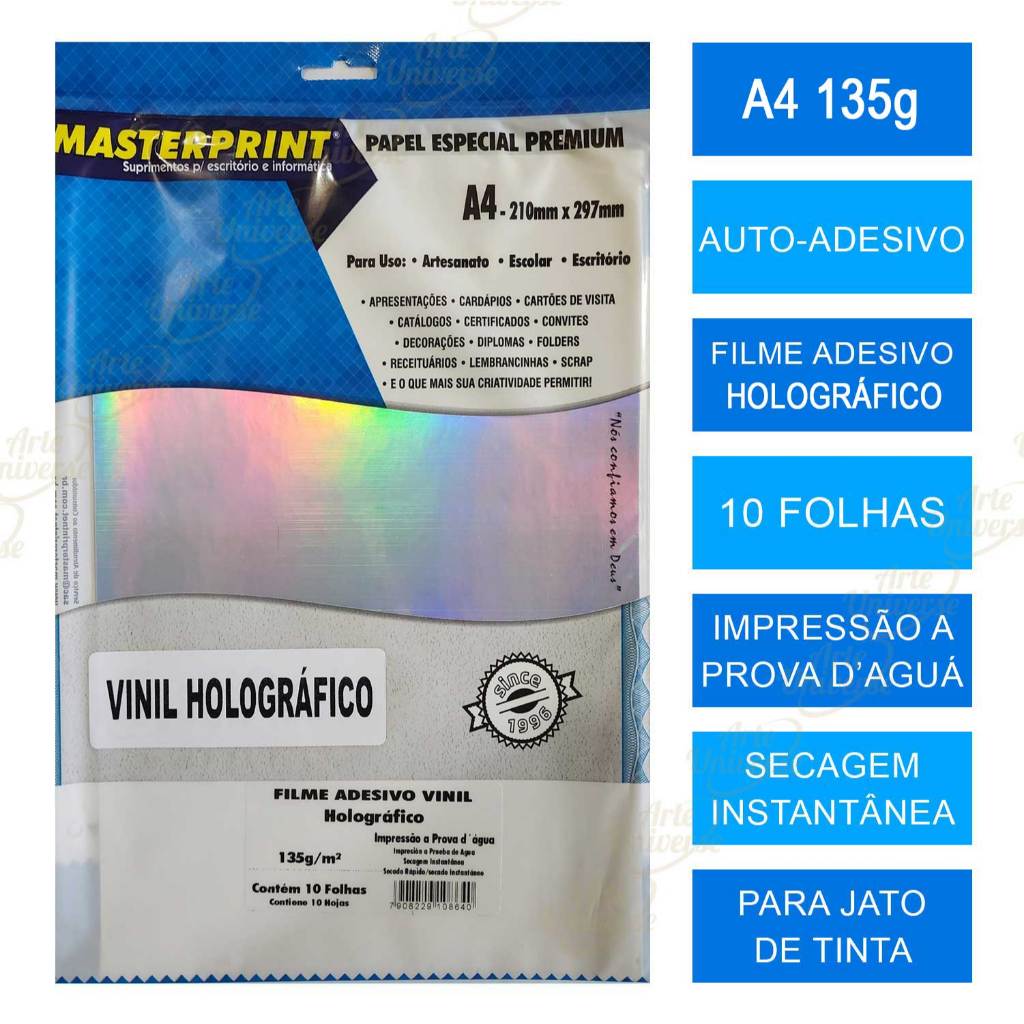 FILME ADESIVO VINIL HOLOGRAFICO 135G/M² A4 - 10FOLHAS JATO DE TINTA