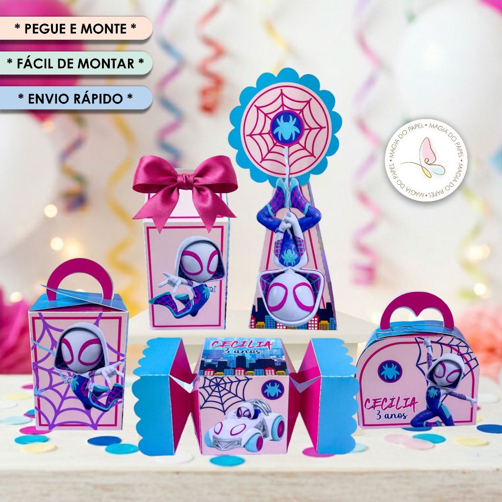 KIT PEGUE E MONTE | Lembrancinhas | Caixinhas | Aranha Verso | Spidey e Seus Amigos Espetaculares | Nome e Idade