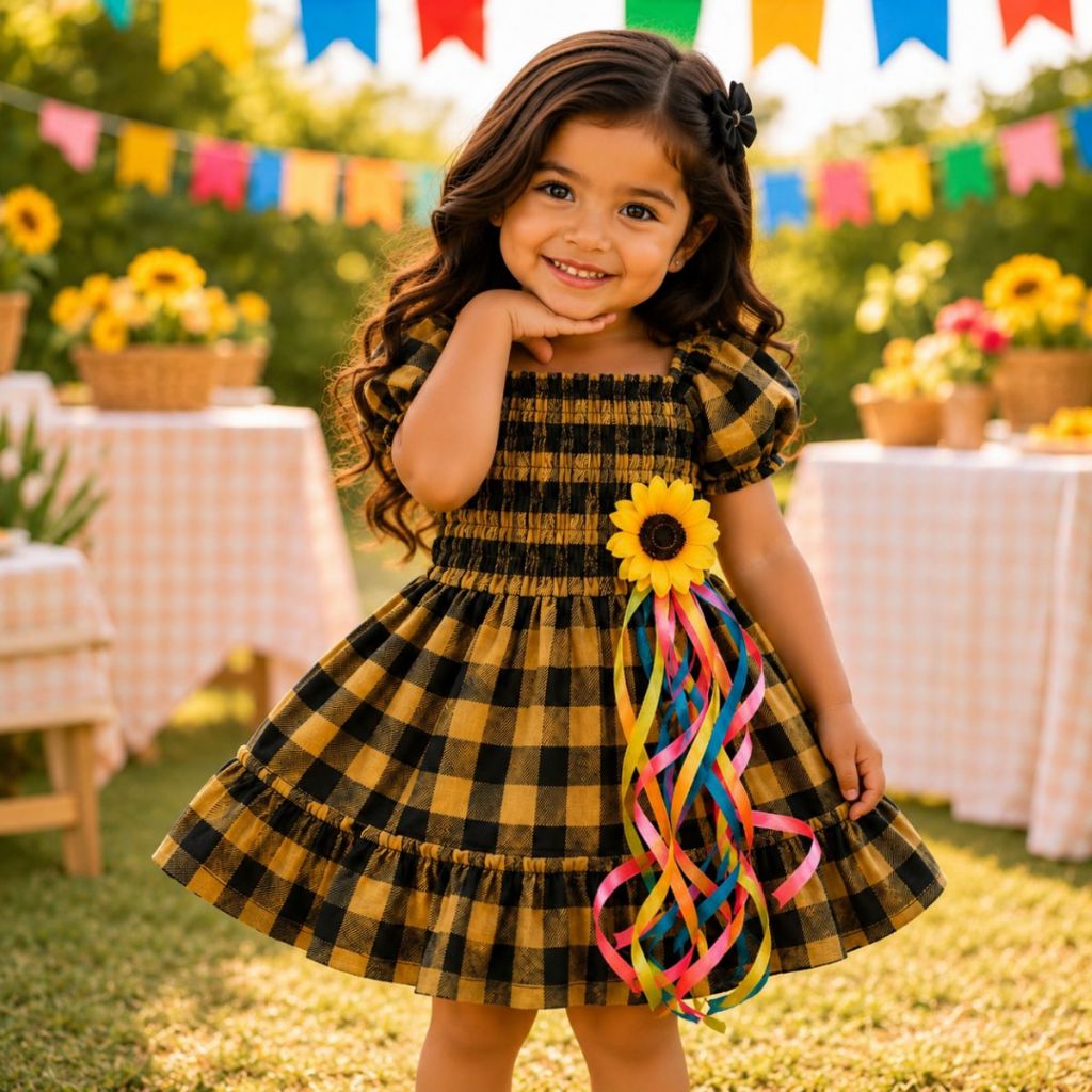 Vestido Infantil Festa Junina XADREZ Aplique De Girassol E Manga Bufante 2 AO 8