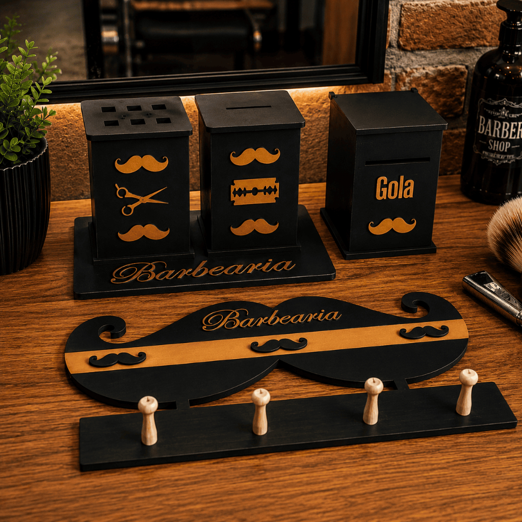 Kit Barbearia MDF Porta Tesouras + Descarte Lâminas + Porta Gola + Cabideiro Bigode Preto