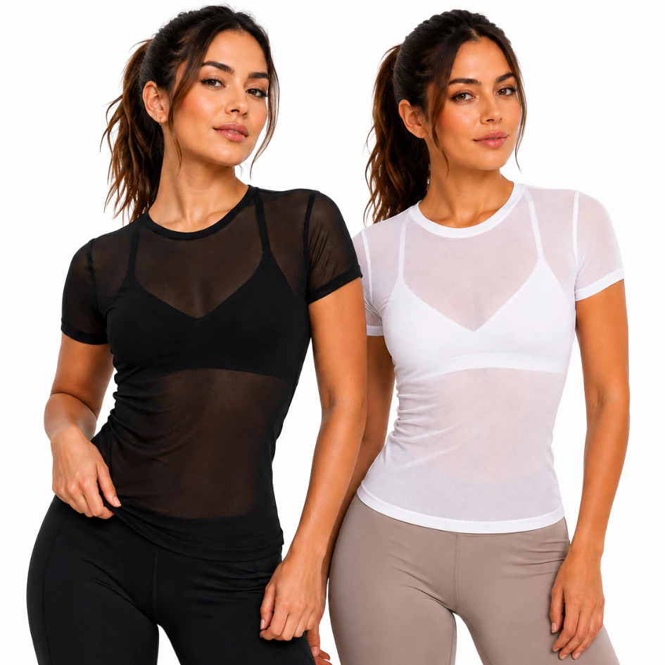 Blusa Feminina Tule Baby Look Transparente Academia Fitness Treino Camiseta Manga Curta Gola Viés
