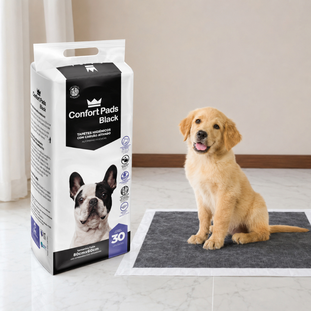 Tapete Higiênico Confort Pads Black 80x60cm Cães Absorvente Antivazamento Carvão Ativado 30un