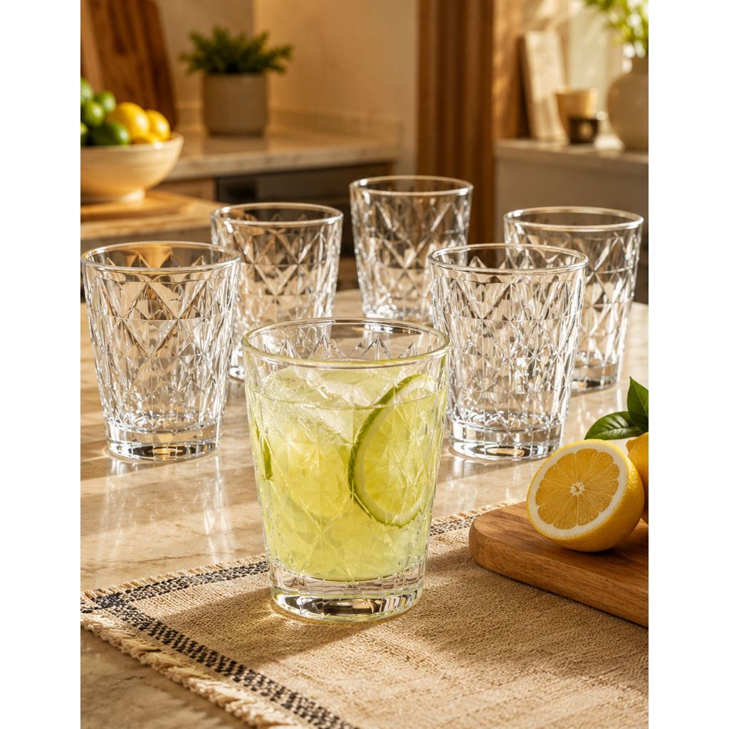 Conjunto 12 Copos Italiano Vidro Resistente Grosso Decorado 330ml Suco Água Drinks Jogo Luxo