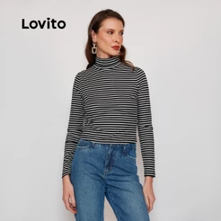 Lovito Blusa Casual Listrada Feminina Manga Longa Gola Alta BLB17981828