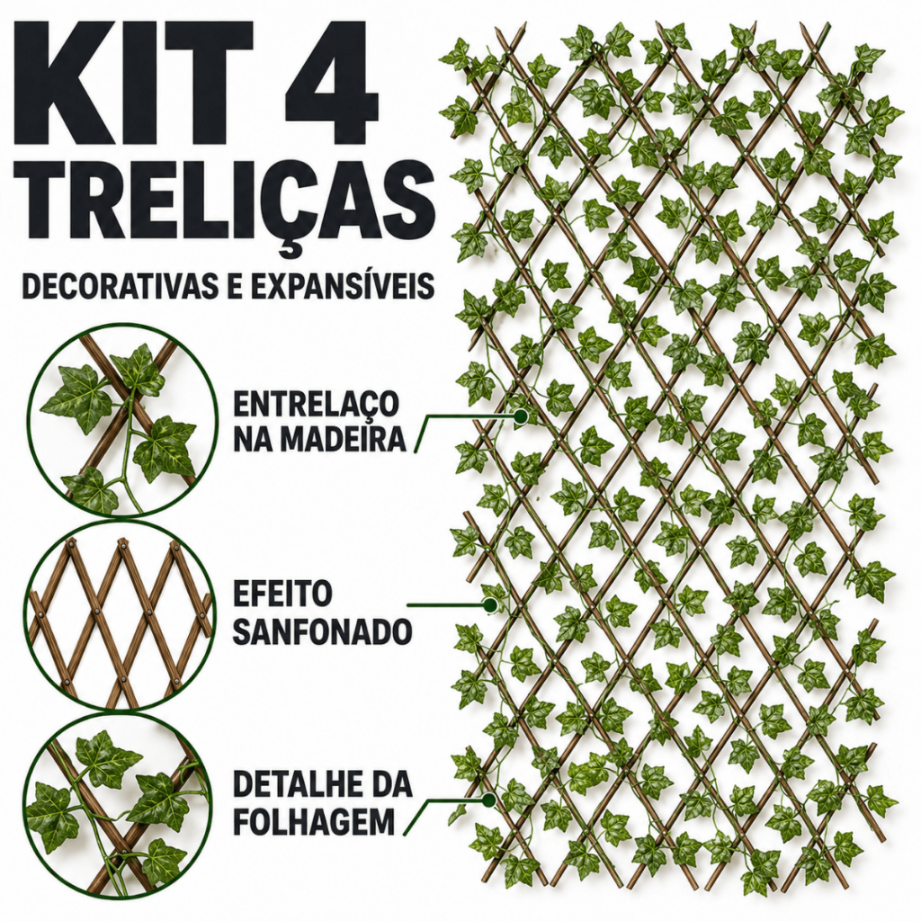 Kit 4 Treliças Decorativas Sanfonada Cerca Viva Gradil Madeira Tratada