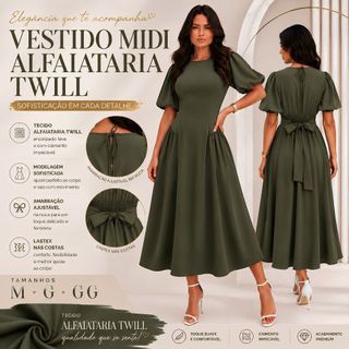 Vestido Midi Feminino com Manga Bufante Tecido Alfaiataria com Lastex nas Costas Moda 2026