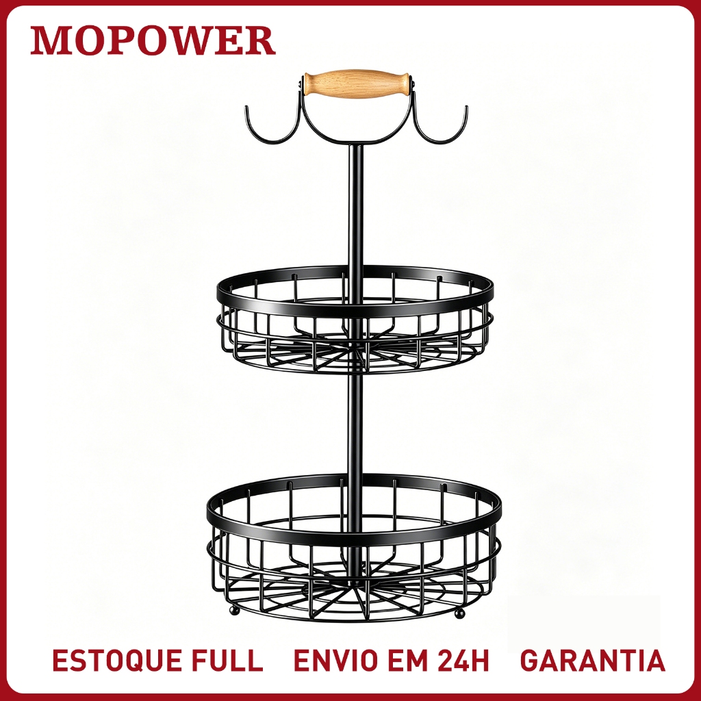 Fruteira Aramada Para Mesa Resistente 2 Andares Cesto Organizador de Frutas Legumes Metal Preta