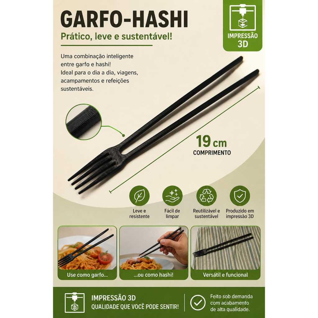 Kit Garfo Hashi 2 em 1 Inteligente Ecológico Impressão 3D Premium 19cm - Talher Versátil