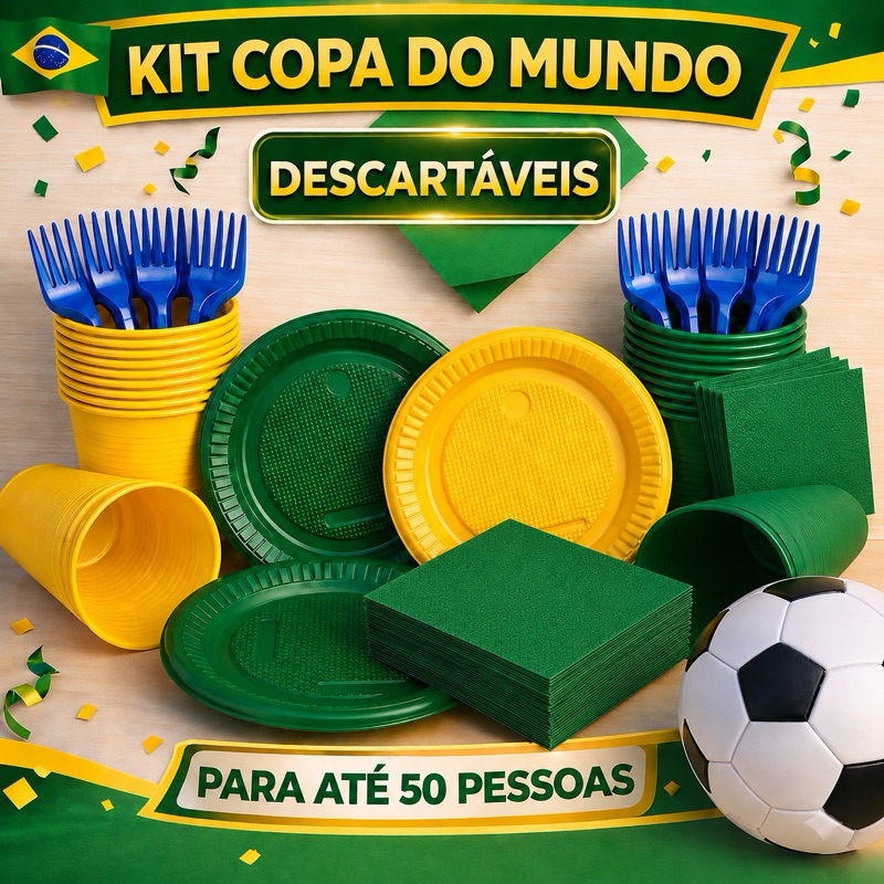 Kit descartáveis copa do mundo Brasil Premium pratinhos copinhos garfinhos 150 unidades