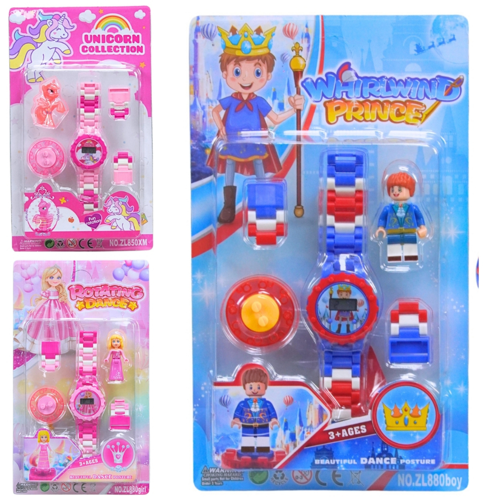Relógio Infantil de Brinquedo Colorido de Montar com Boneco que Gira Princesa Principe Unicórnio - Castela