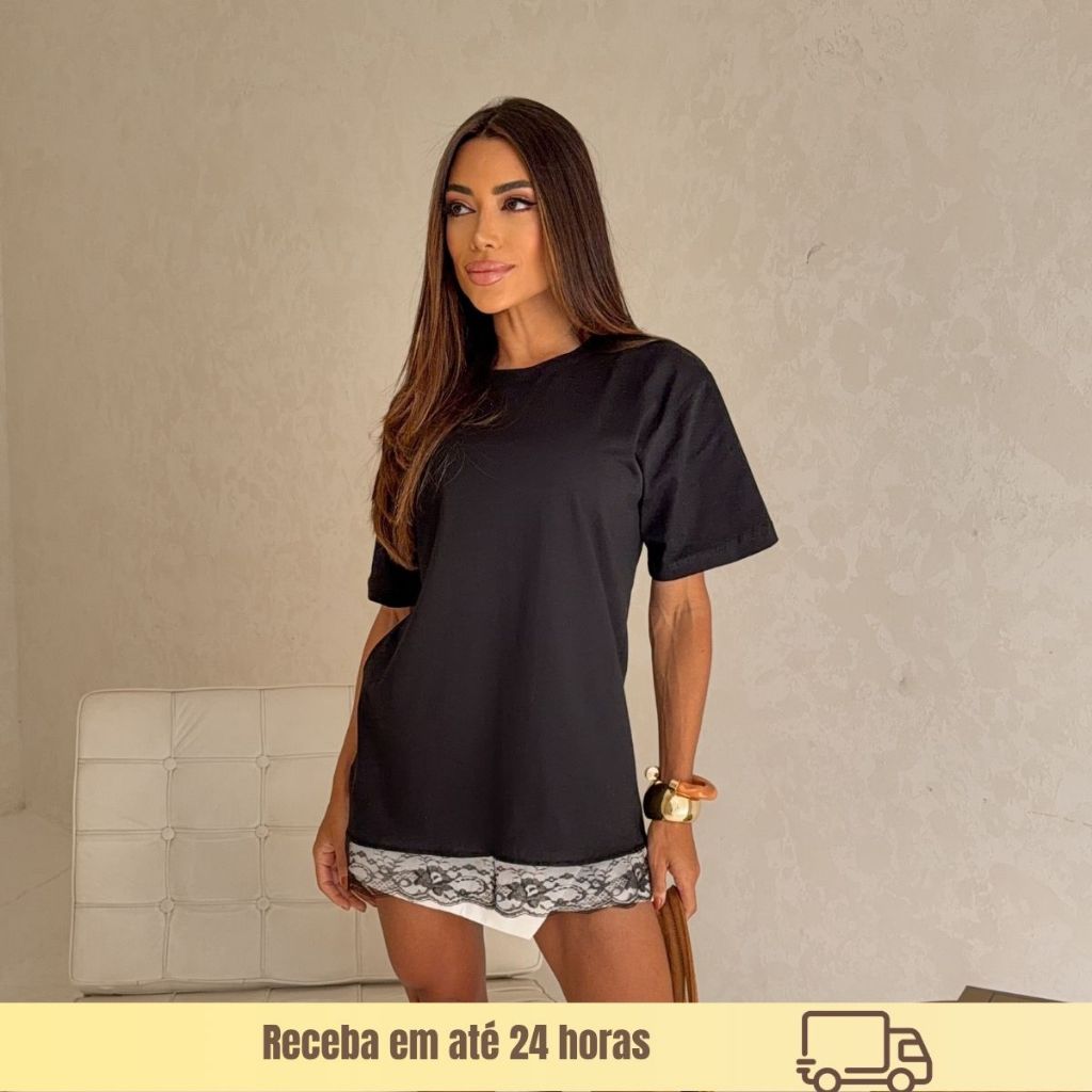 Camiseta Feminina Oversized Algodão Barra Com Renda Casual Fashion Soltinha Streetwear Moderna Tendência