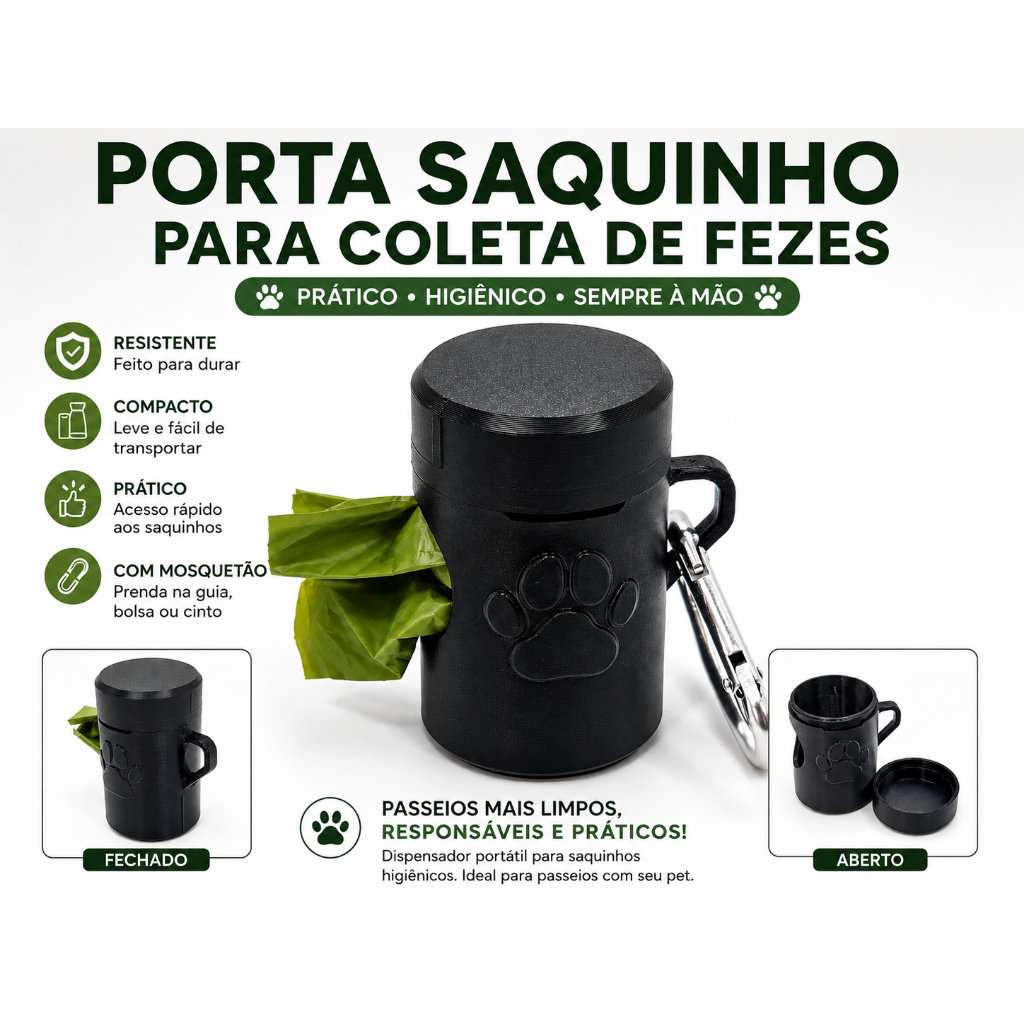 Porta Saquinho Higiênico para Cachorro com suporte para Mosquetão | Dispenser para Sacos Coletor de Fezes Pet