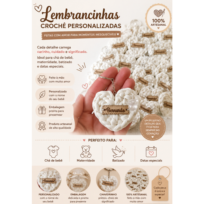 Kit chaveiros coração Lembrancinha Personalizado em Crochê | Maternidade | Chá de Bebê | Nascimento