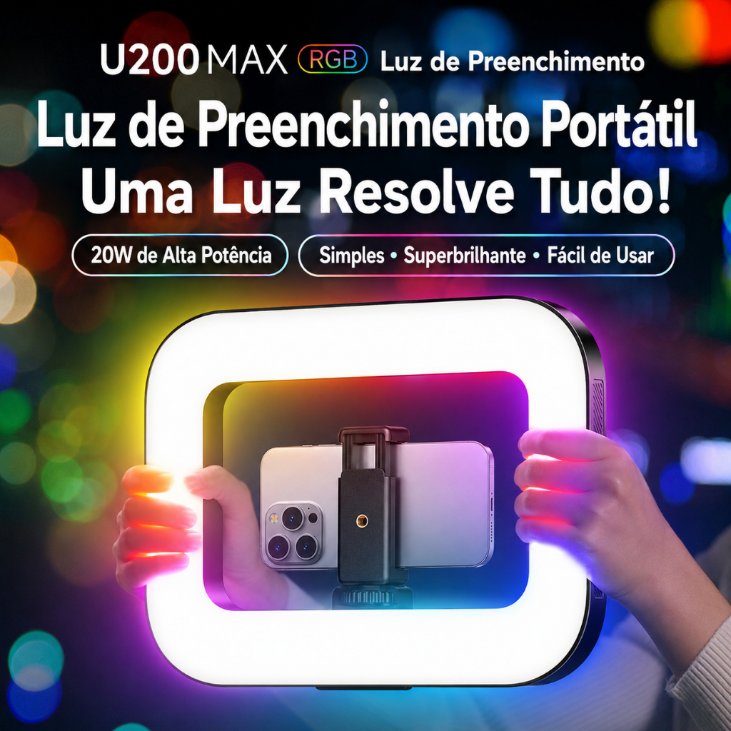 Ring Light LED RGB 20W Profissional Recarregável com Bateria, Clipe e Tripé, Iluminador com Suporte para Celular, Blueto