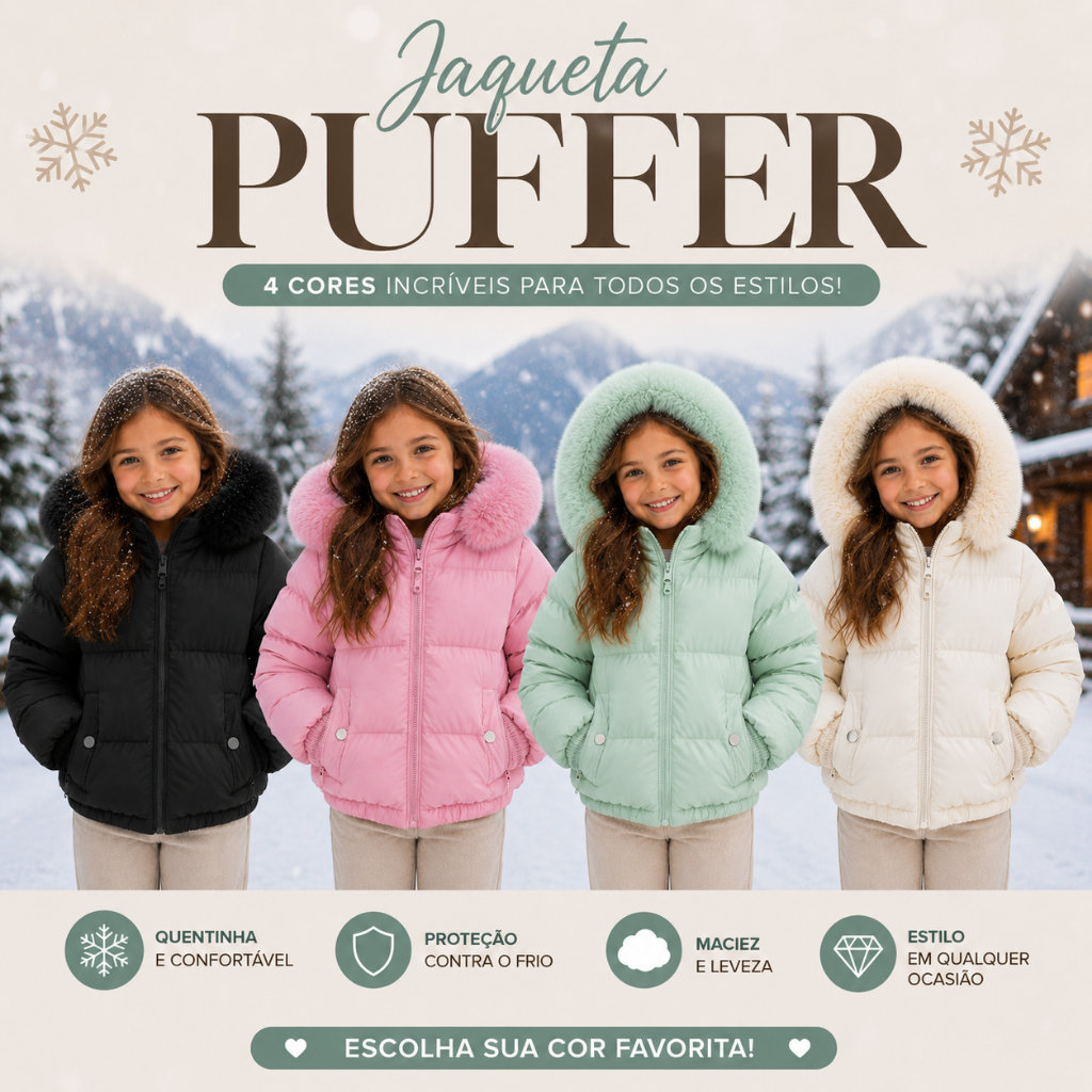 Jaqueta Puffer Infantil Juvenil Forrada Pelinho Menina Teen Blusa Inverno Frio Neve