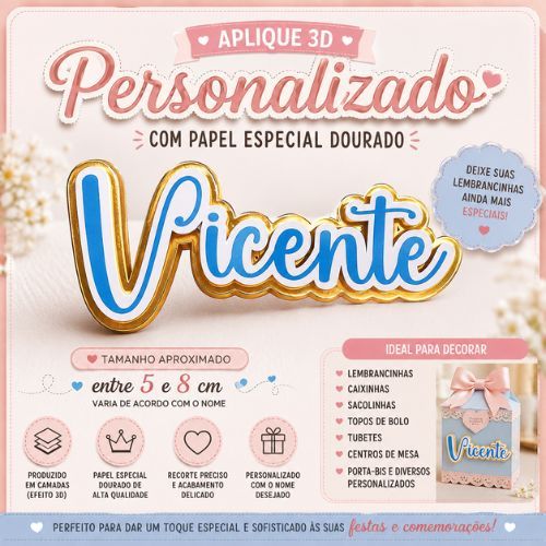 Kit Aplique Nome 3D Personalizado com Nome e Idade | Lembrancinha Festa Infantil