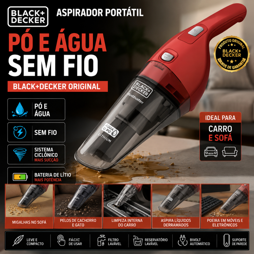 Aspirador Portátil Black+Decker Pó e Água Sem Fio Bivolt Carro Sofá Pelos Vermelho APB3600