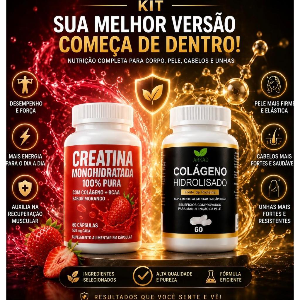 Kit Creatina Monohidratada + Colágeno Hidrolisado Arkad 120 Cápsulas | Força, Recuperação e Fonte de Proteína