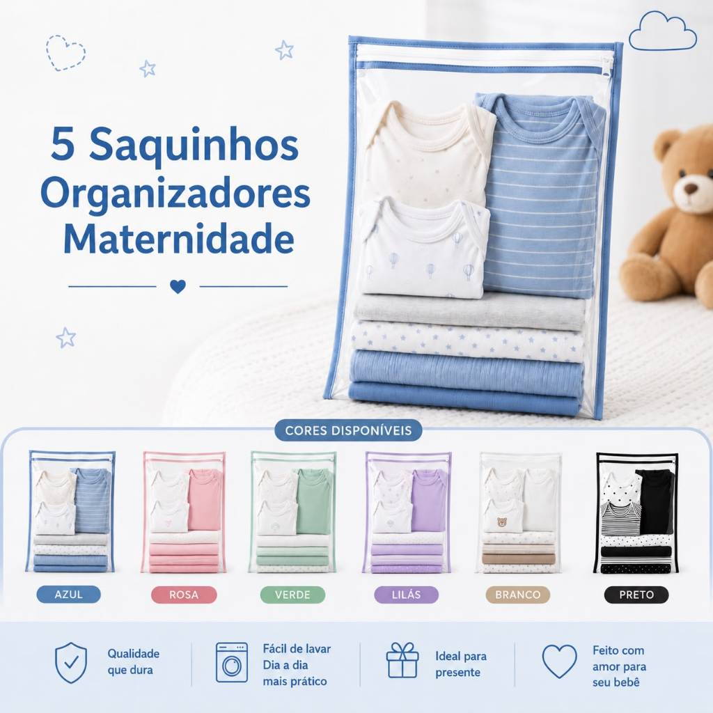 Kit 5 Saquinho Saco Maternidade Bebê Organizador Organizador Roupas Limpas E Sujas Escolas Creche