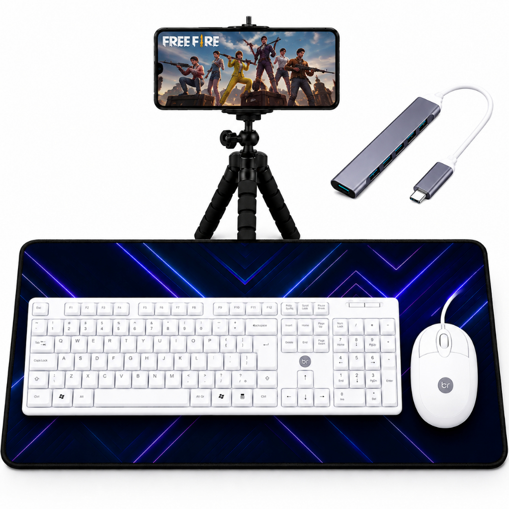 Kit Setup Gamer Completo Teclado Uma Mão Mouse Gamer LED RGB Mousepad 30x90cm Hub Tipo C Tripé Full