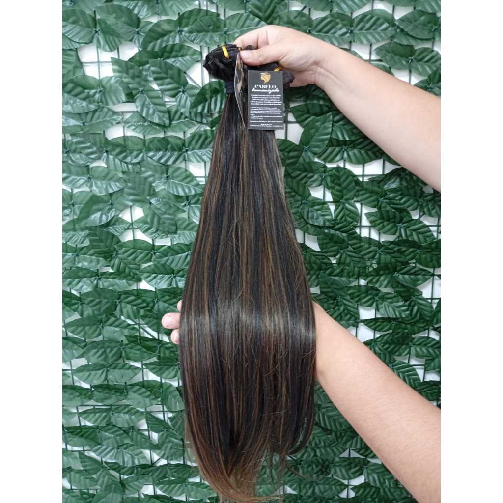 Aplique de Cabelo na Tela Mega Hair Natural Fibra Russa Liso Ombre Hair Morena Iluminada 50cm Premium Bella Hair