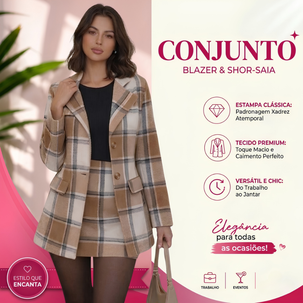 Detalhes do Conjunto Feminino Blazer Xadrez E Short Saia Elegante Casual Chic Inverno Premium