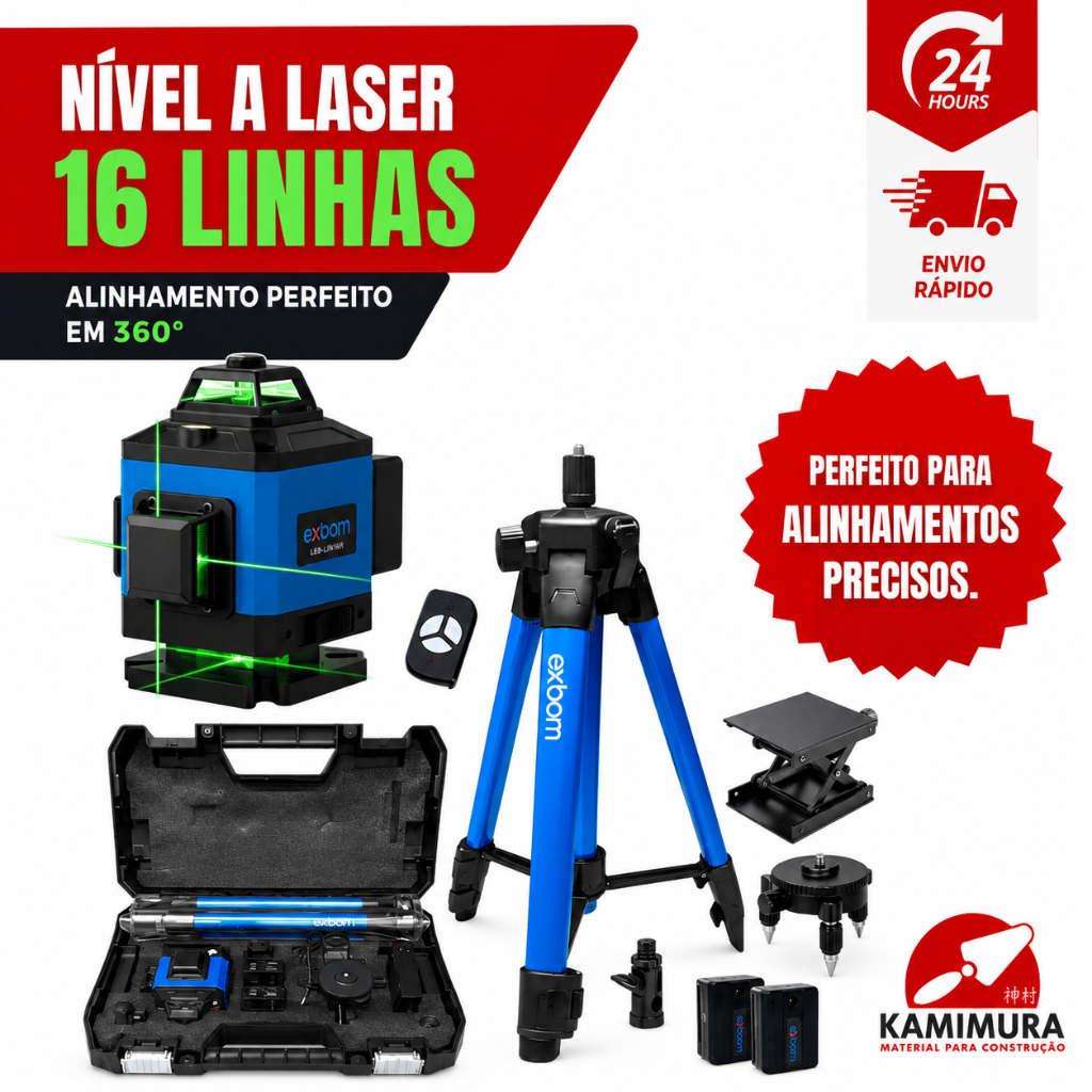 Nível Laser 16 Linhas + Tripé + Maleta 2 Baterias 360 Exbom