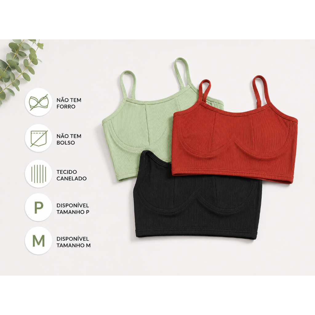 Kit 3 Top de alcinha em tecido canelado - conjunto 3 peças blusa cropped feminina de alça sem bojo/sem forro/moda verão