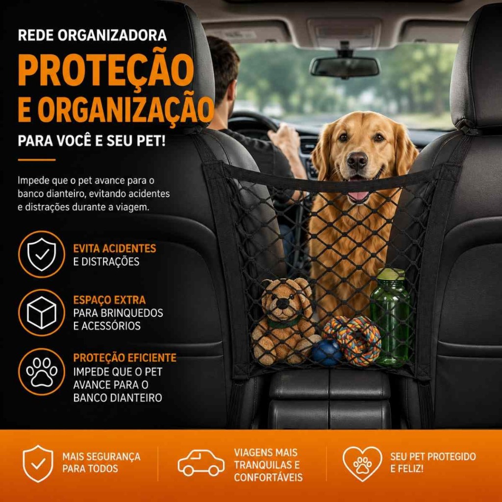 Rede Organizadora Carro Entre Bancos Porta Objetos Divisória Pet Cachorro Porta Treco Automotivo