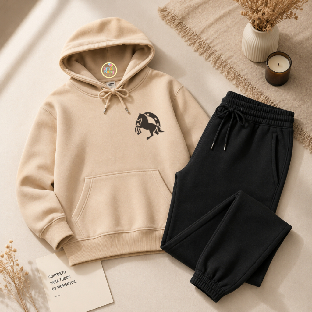 Conjunto Infantil Blusa Moletom Canguru Flanelado e Calça Moletom Ferradura Cavalo Country Estampado