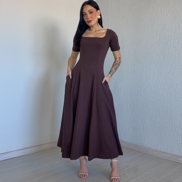 Vestido Rodado Com Manga e Bolso 100% Algodão Premium Casual Elegante Feminino Festas Eventos Igreja