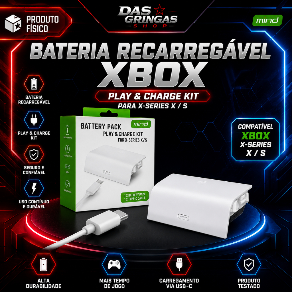 Bateria Recarregável para Controle Xbox Series X/S Branca com Cabo USB-C Play & Charge Kit