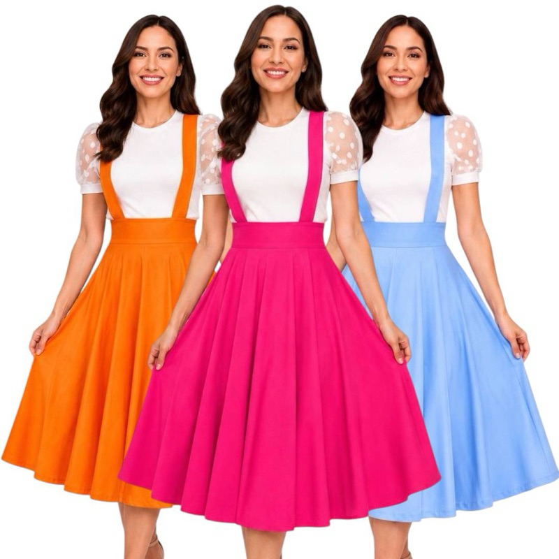 Salopete 360° A Pronta Entrega!! Godê Duplo Vestido Feminino Saia Rodada Midi Evangelica Suspensório Jardineira