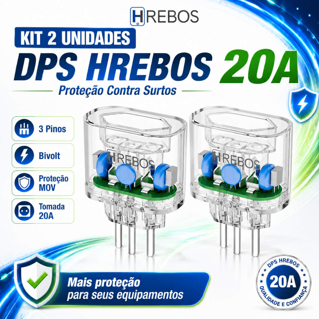 Protetor Tomada DPS Anti Surto Elétrico Contra Raio Bivolt 20A 3 Pinos Grosso kit com 2 pçs