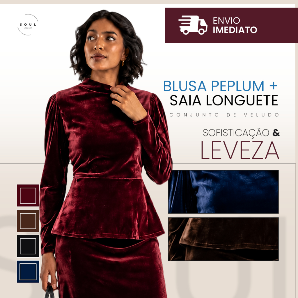 Conjunto Feminino Sofisticado de Veludo Premium com Manga Longa e Saia Longuete